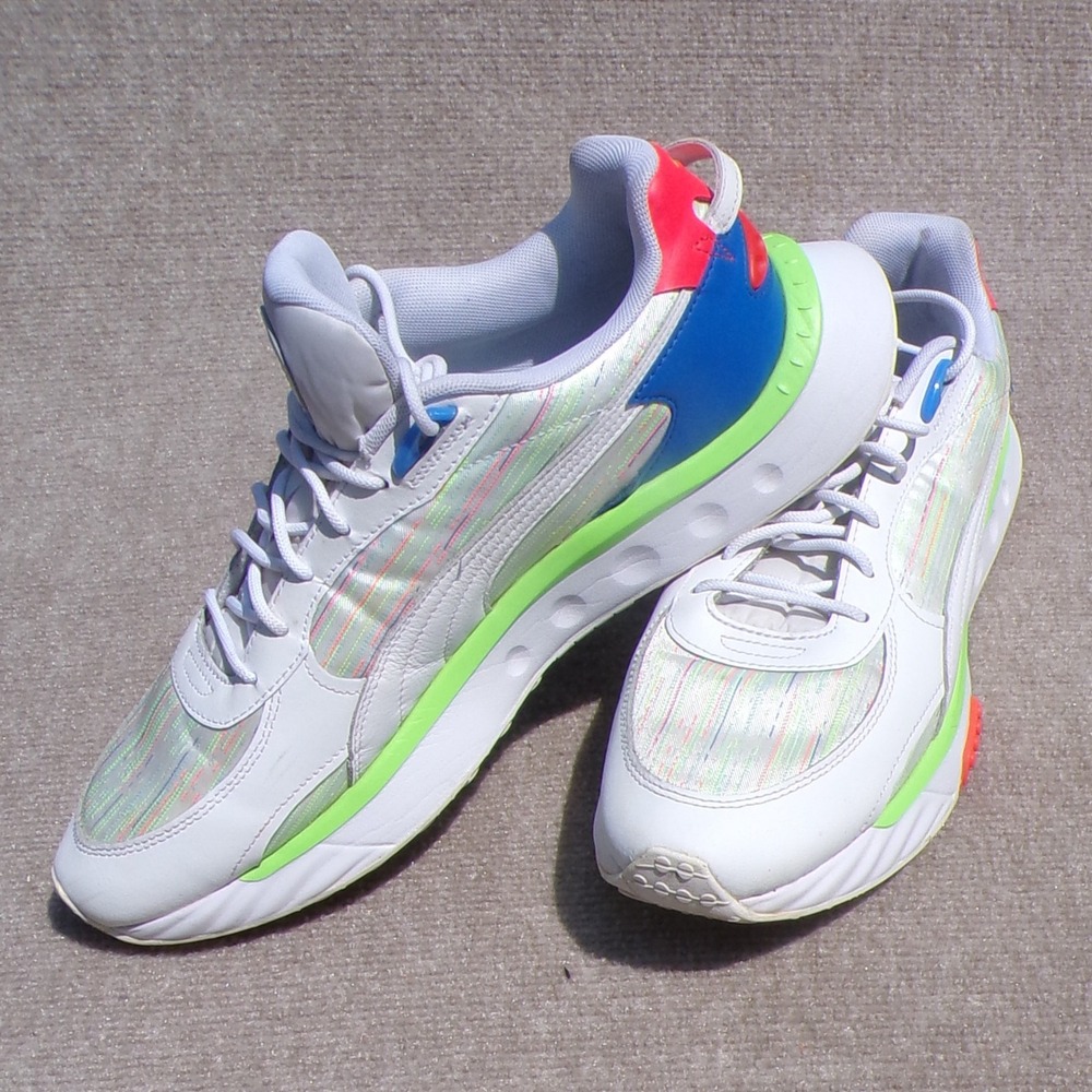 Puma Wild Rider Spectra Mens Size 13 White Blue Lime Green Sneakers 382874-01
